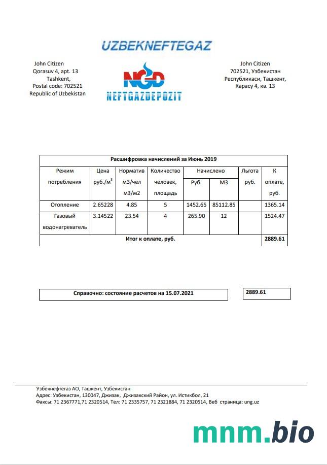 Szablon rachunku za media Uzbekistan NeftGaz w formacie Word i PDF, w pełni edytowalny
